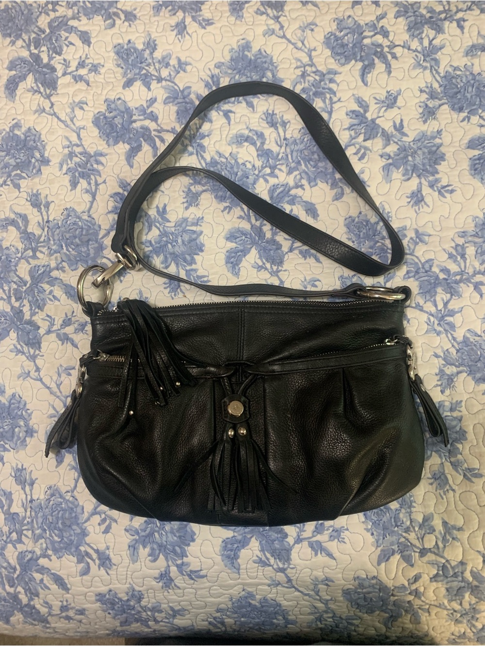 b. makowsky Black Pebbled Leather Tassel Crossbody Bag